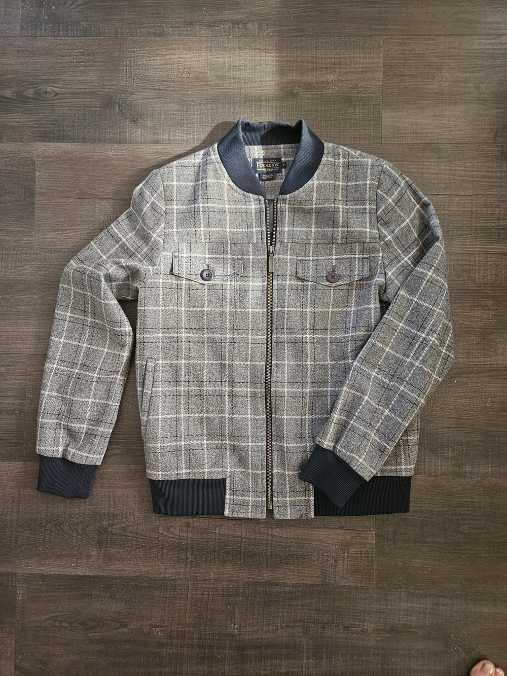 Pendleton Plaid Wool Bomber Jacket Gray Navy Full Zip Women's